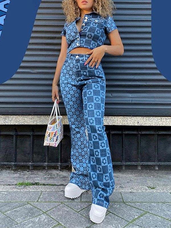 Checkered Print High Waist Slim Jeans Product Image