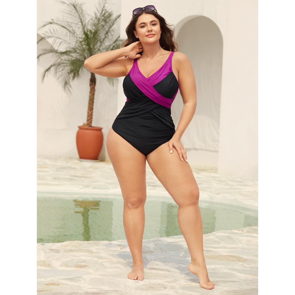 Plus Size Color Block Twist Front One-Piece Swimsuit Women's Swimwear RedViolet Resort Twist Curve Bathing Suits High stretch One Pieces BloomChic 14-16/1X Product Image