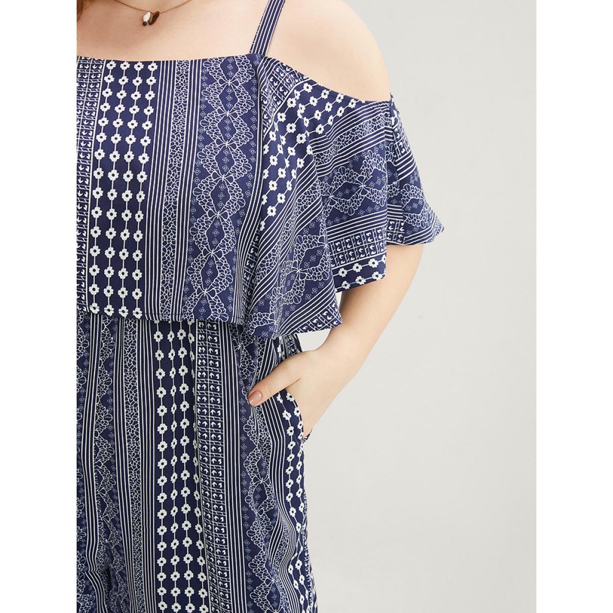 Plus Size Indigo Striped Geometric Pocket Ruffles Cold Shoulder Jumpsuit Women Vacation Short sleeve Cold Shoulder Dailywear Loose Jumpsuits BloomChic 30/6X Product Image