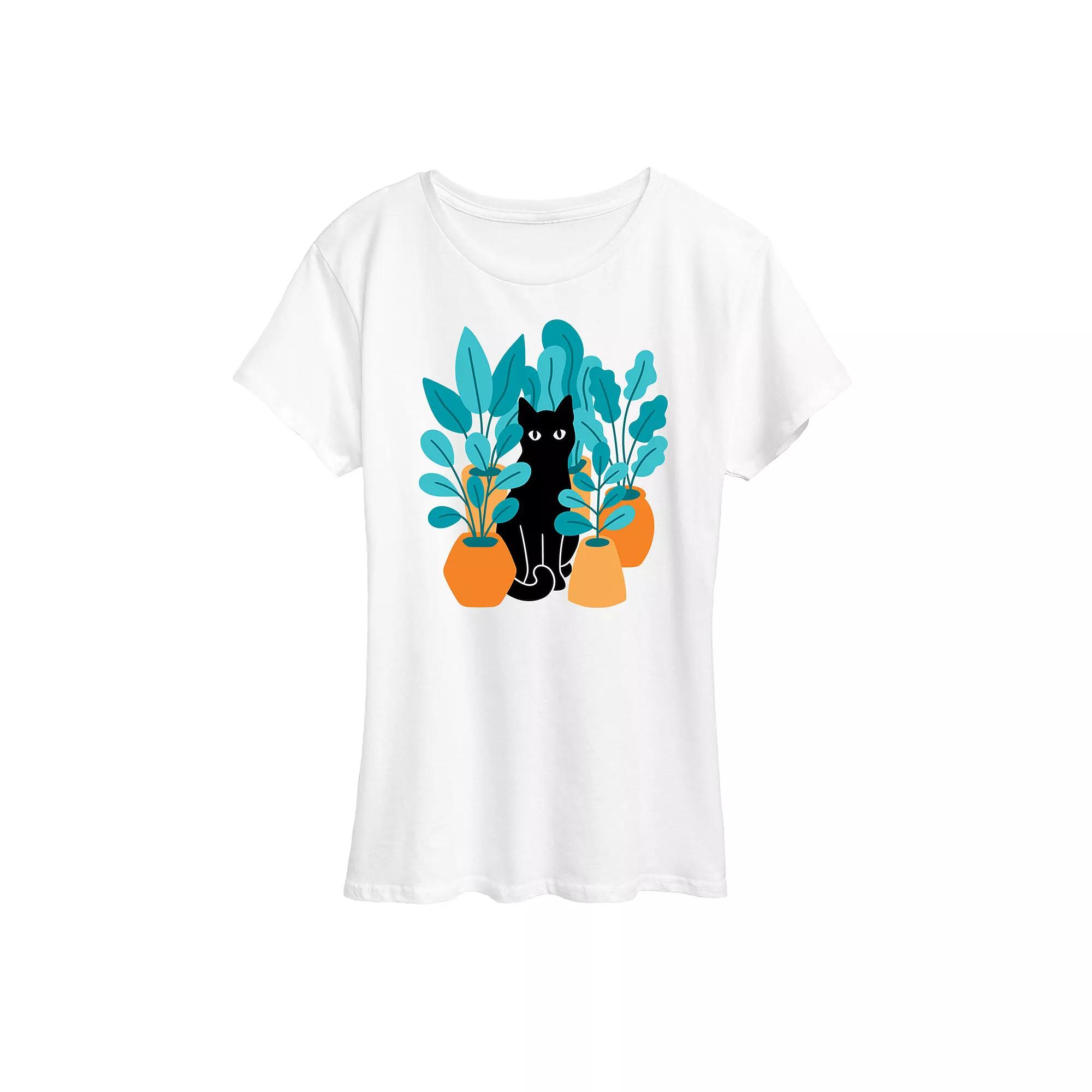 Women's Black Cat Plants Graphic Tee,  Product Image