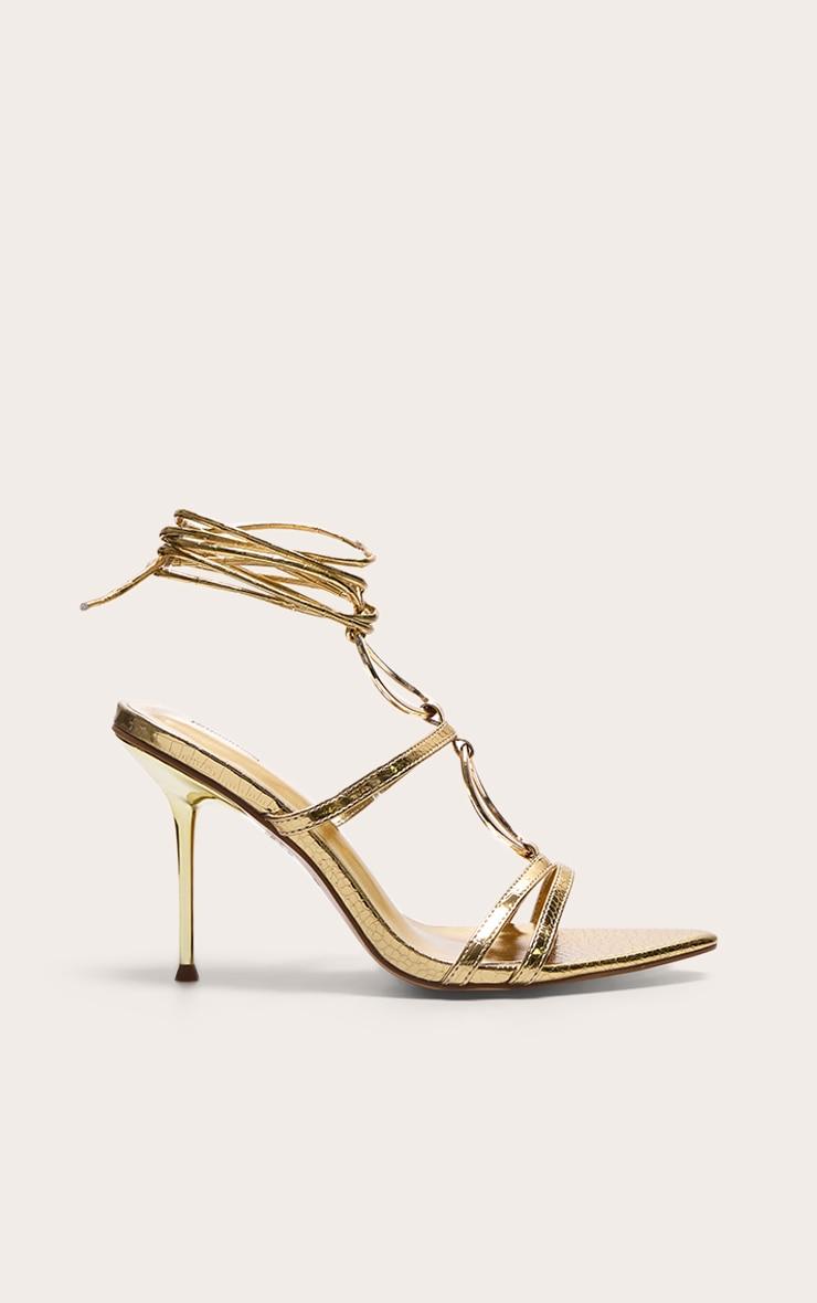 Gold Croc Pu Point Toe Ring Detail Lace Up Heeled Sandals Product Image