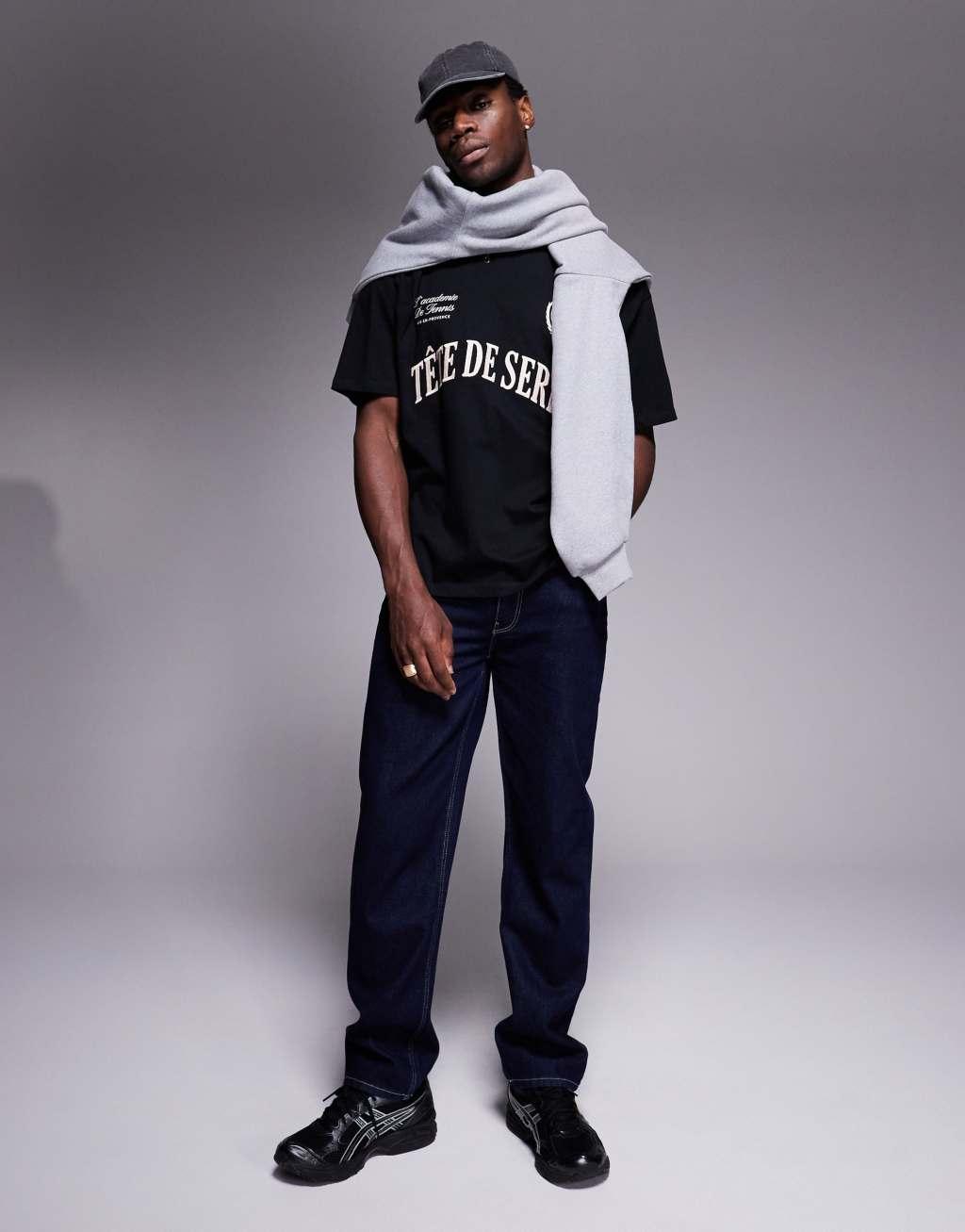 ASOS DESIGN oversized t-shirt with sport text embroidery in black Product Image