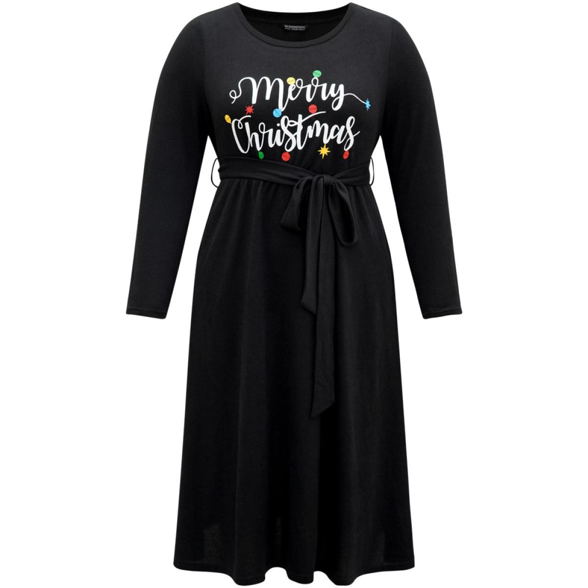 Plus Size Christmas Letter Print Elastic Waist Belted Dress Black Women Office Belted Curvy Midi Dress BloomChic 26/4X Product Image