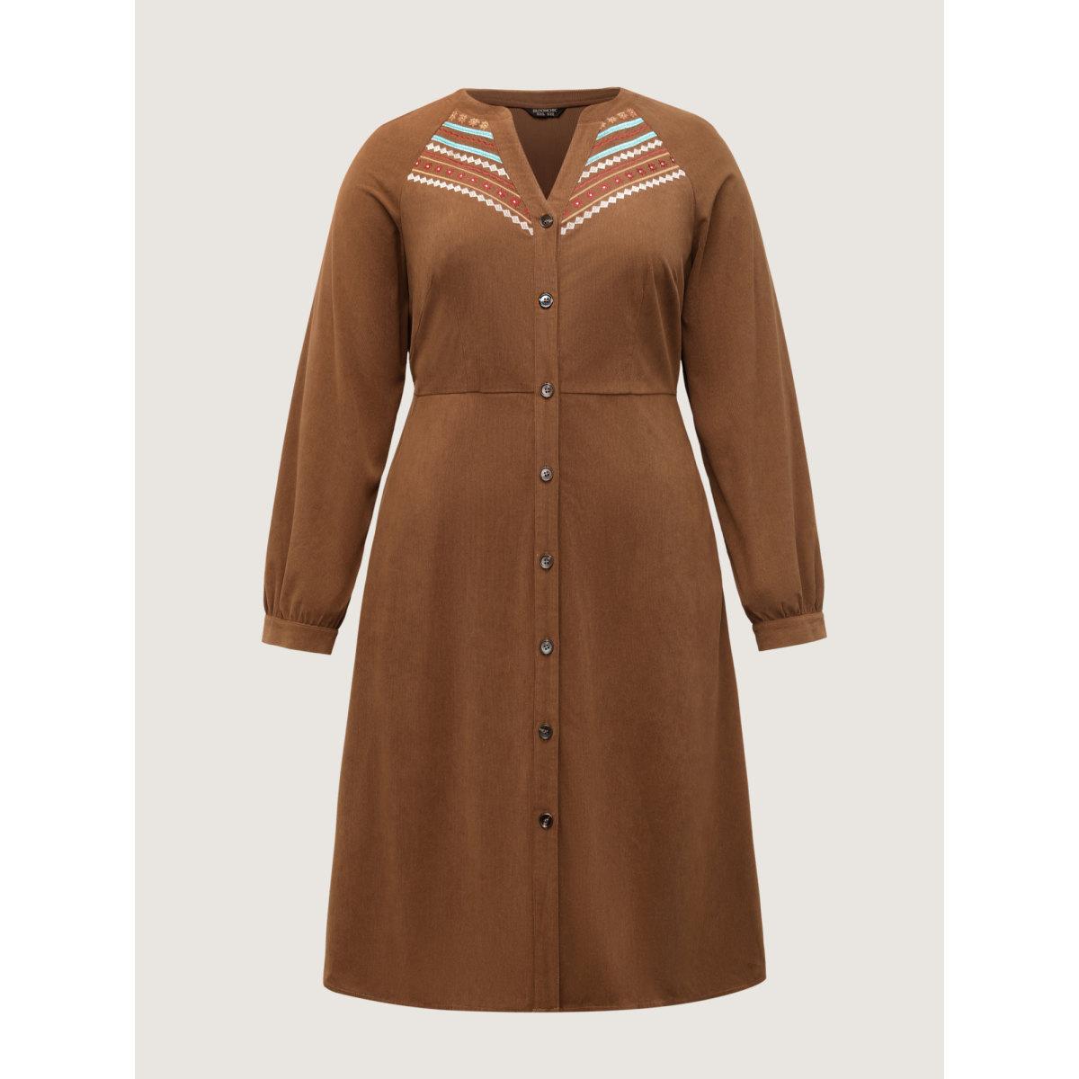 Plus Size Corduroy Embroidered Pockets Button Midi Dress Yellowishbrown Women Notched collar Long Sleeve Curvy BloomChic 22-24/3X Product Image