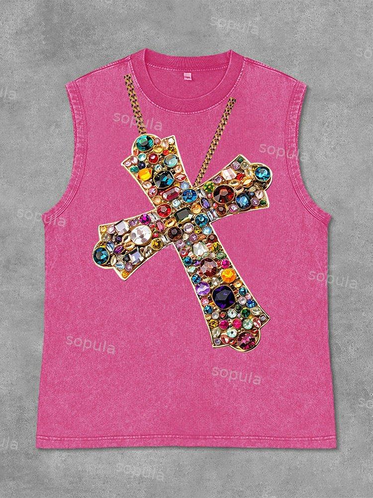 Diamond Cross Graphic Print Acid Washed Sleeveless Tank Top Product Image