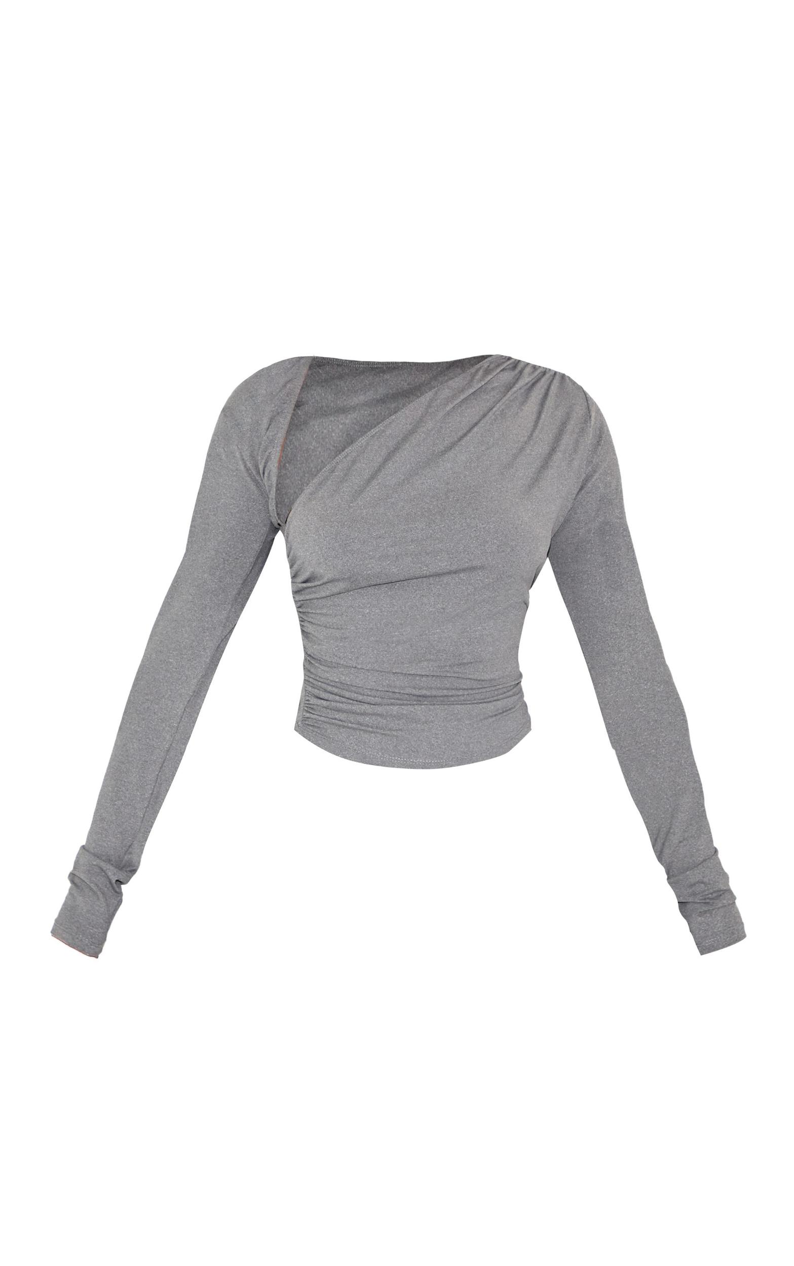 Petite Charcoal Slinky Long Sleeve Ruched Side Top Product Image