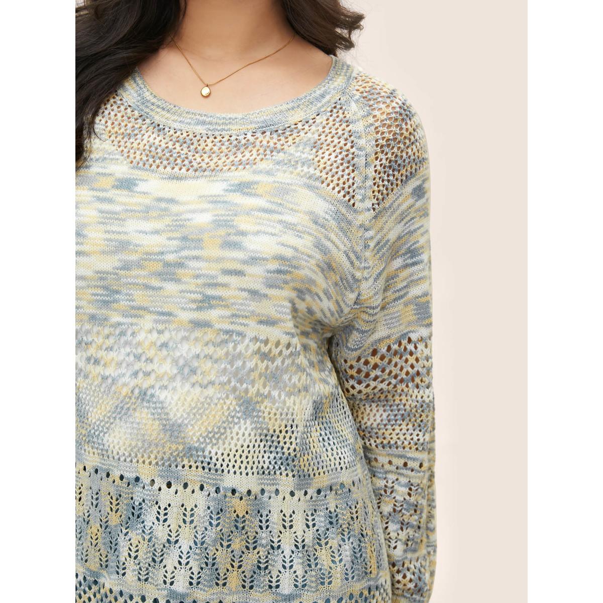 Plus Size Ombre Heather Hollow Out Texture Pullover Stone Women Casual Long Sleeve Round Neck Everyday Pullovers BloomChic 12/L Product Image