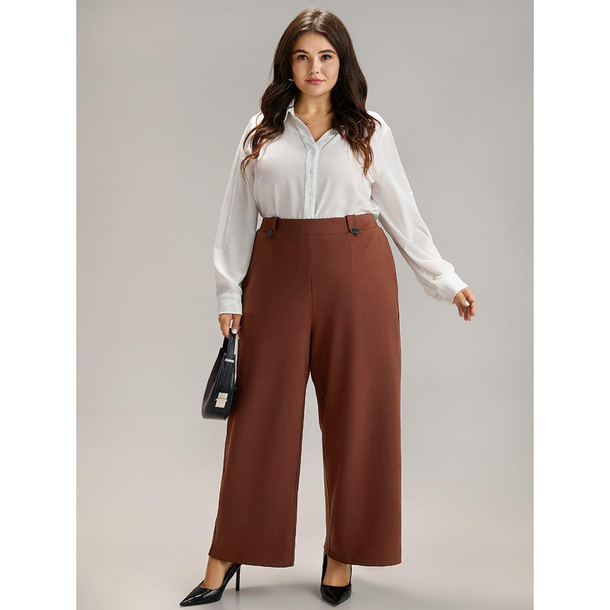 Plus Size Plain Button Detail Straight Leg Pants Women DarkBrown Office Straight Leg High Rise Office Pants BloomChic 10/M Product Image