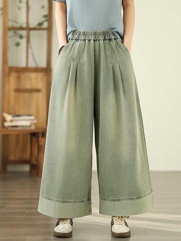 Loose Wide Leg Elasticity Pleated Pockets Jean Pants Bottoms Trousers Product Image