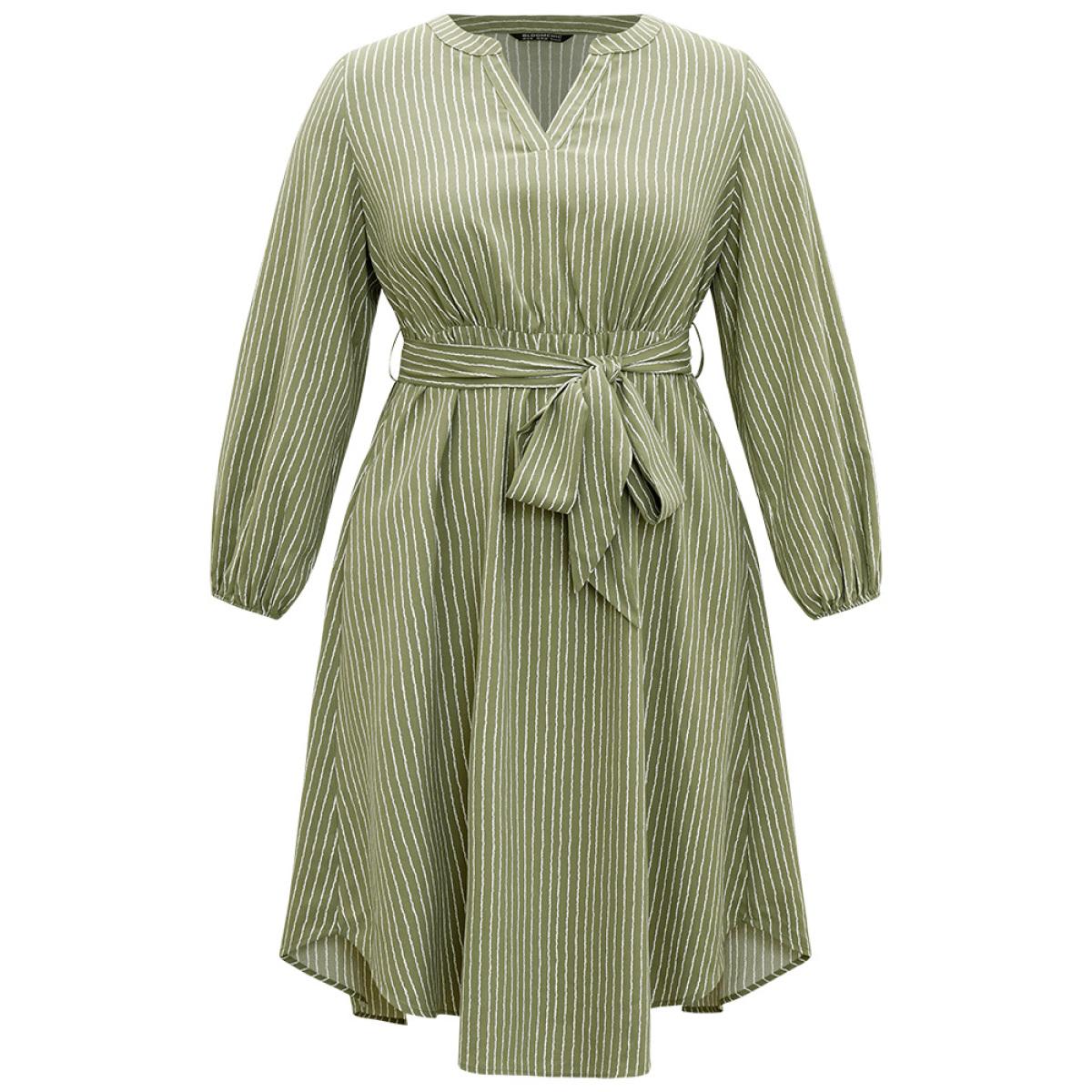 Plus Size Striped Notched Belted Lantern Sleeve Dress Sage Women Work From Home Elastic cuffs Notched collar Long Sleeve Curvy Midi Dress BloomChic 14-16/1X Product Image