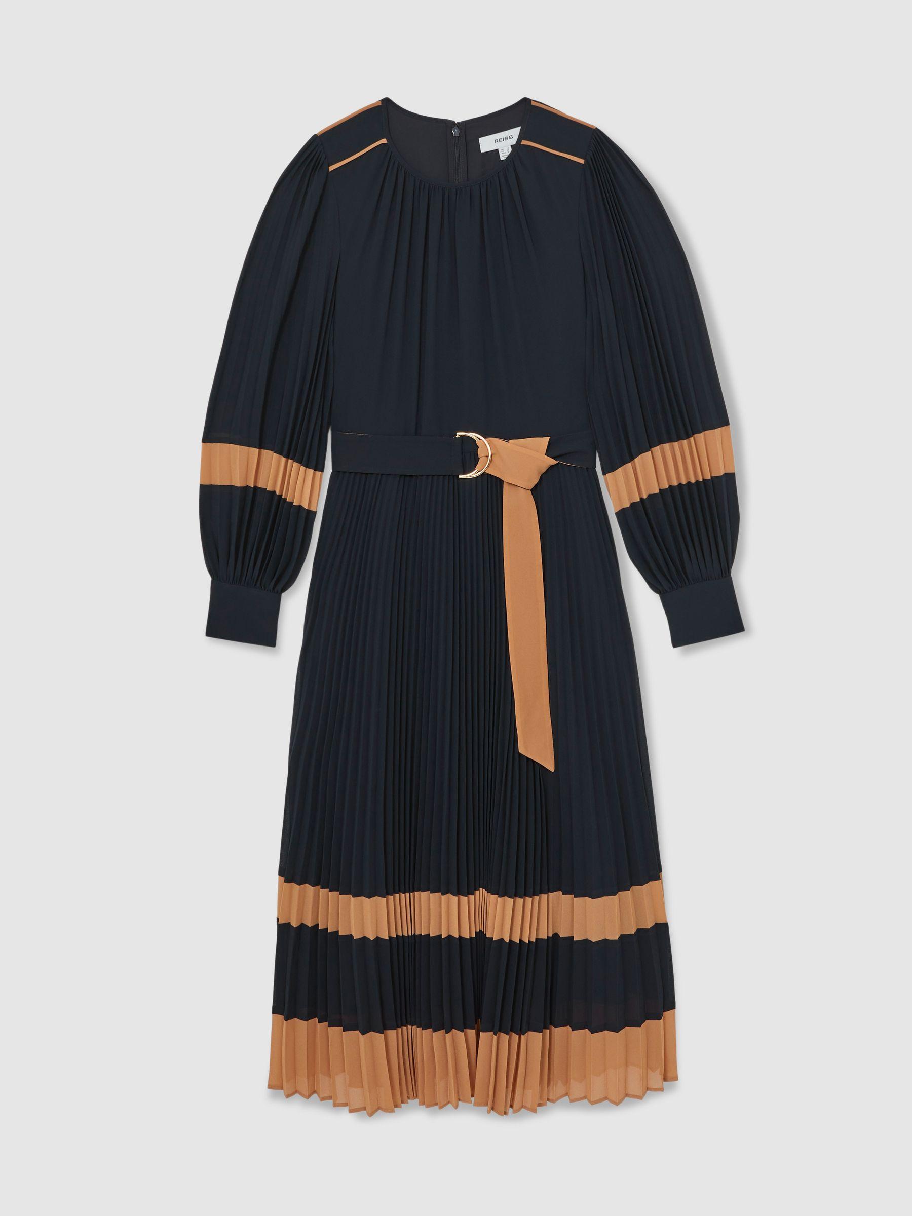 Colour-Block Pleated Midi Dress in Navy/Camel Product Image