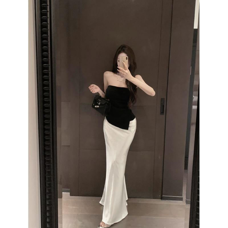Plain Asymmetrical Tube Top / High Waist Plain Satin Maxi Mermaid Skirt Product Image