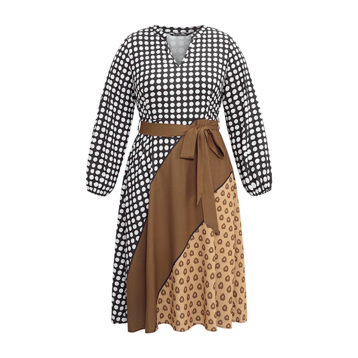 Plus Size Polka Dot Patchwork Colorblock Belted Notched Dress Multicolor Women At the Office Elastic cuffs Notched collar Long Sleeve Curvy Midi Dress BloomChic 30/6X Product Image