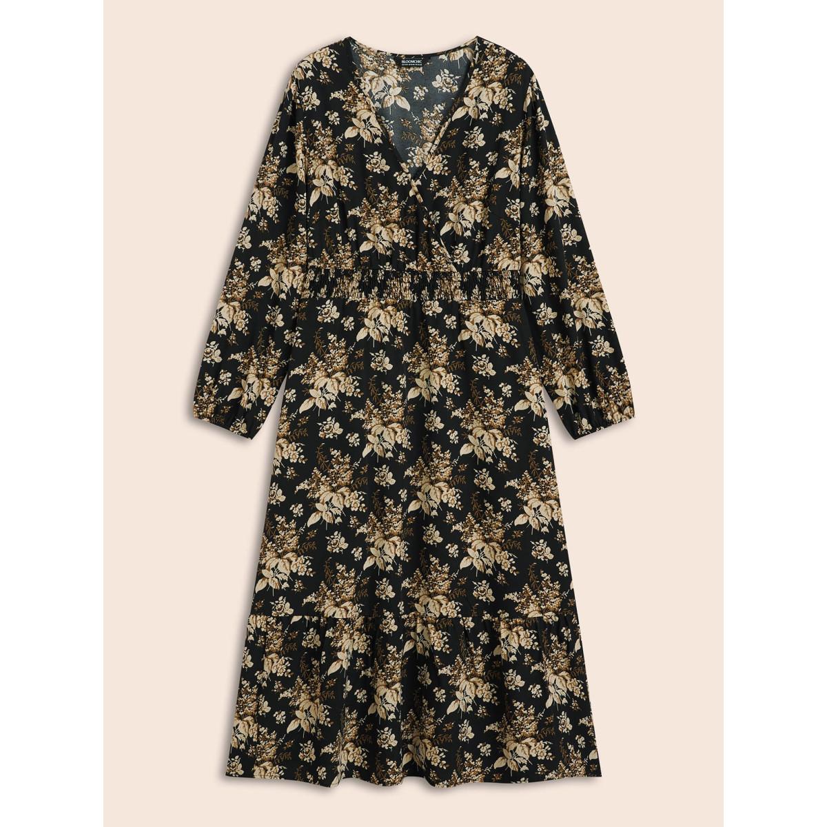 Plus Size Floral Overlap Collar Shirred Midi Dress BlackFlower Women Elegant Shirred Overlap Collar Long Sleeve Curvy BloomChic 12/L Product Image