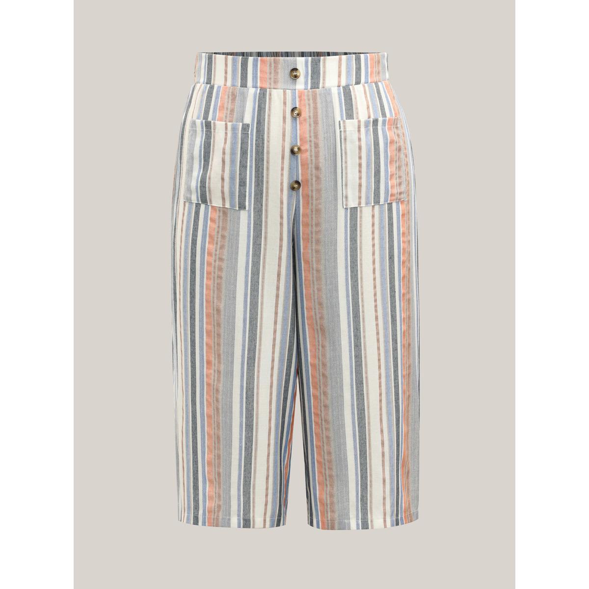 Plus Size Soft Stripes Button Wide-Leg Pants Women Multicolor Boho Wide Leg Mid Rise Vacation Pants BloomChic 22-24/3X Product Image