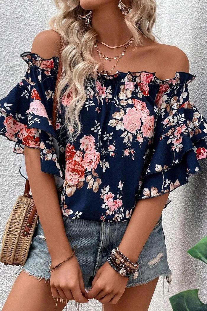Blue Ruffle Off Shoulder Flounce Sleeve Floral Blouse Product Image