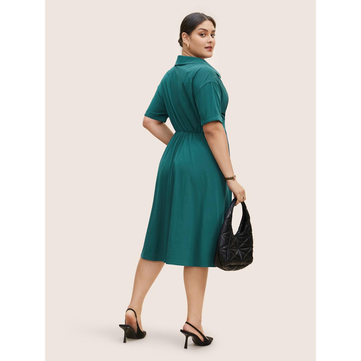 Plus Size Shirt Collar Pleated Button Detail Gathered Midi Dress Cyan Women Work From Home Gathered Shirt collar Short sleeve Curvy BloomChic 10/M Product Image