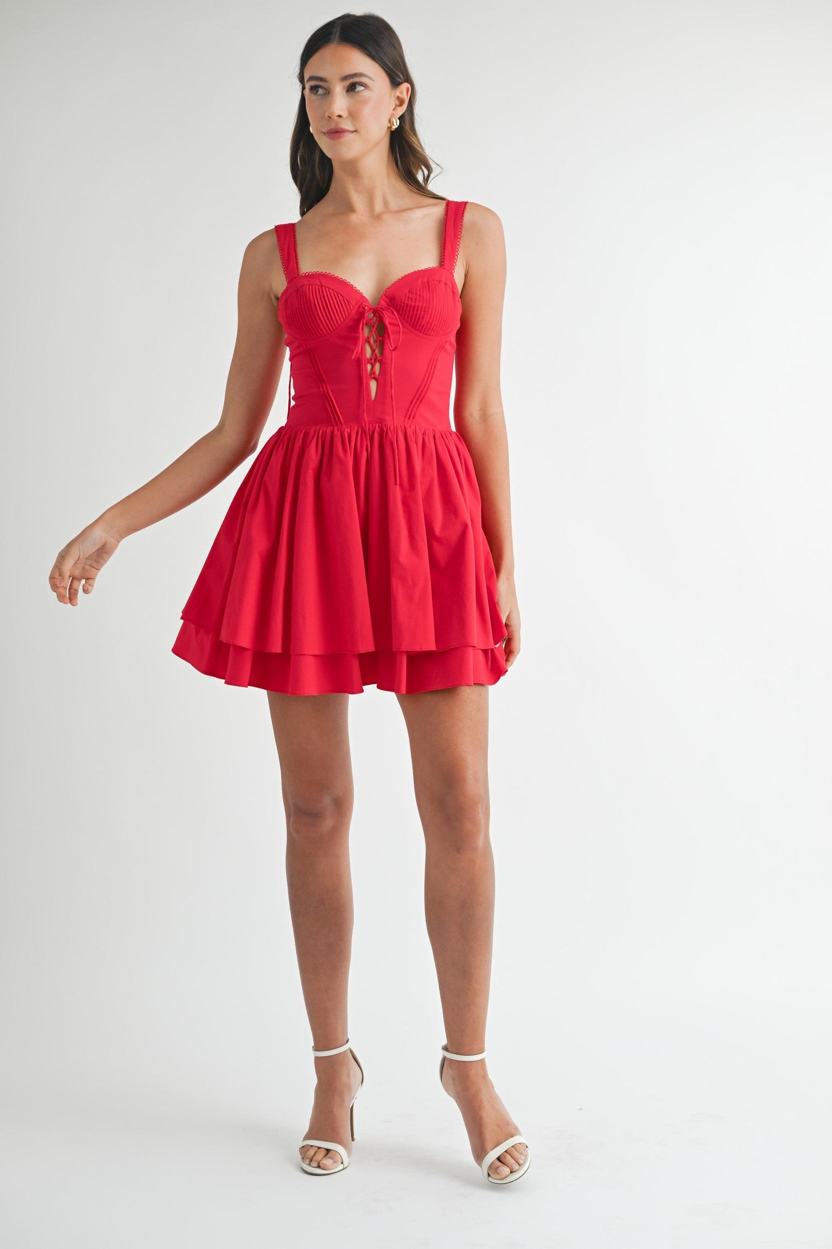 Red Lovely Lace Up Corset Mini Dress Product Image