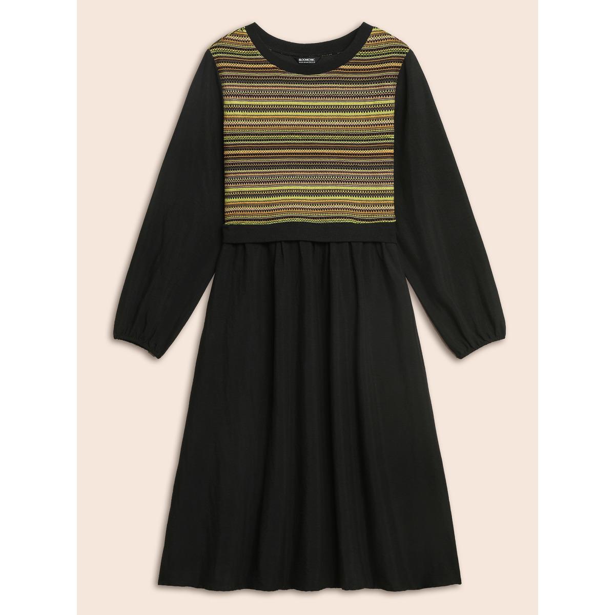 Plus Size Striped Patchwork Texture Lantern Sleeve Dress Black Women Elegant Texture Round Neck Long Sleeve Curvy BloomChic 18-20/2X Product Image