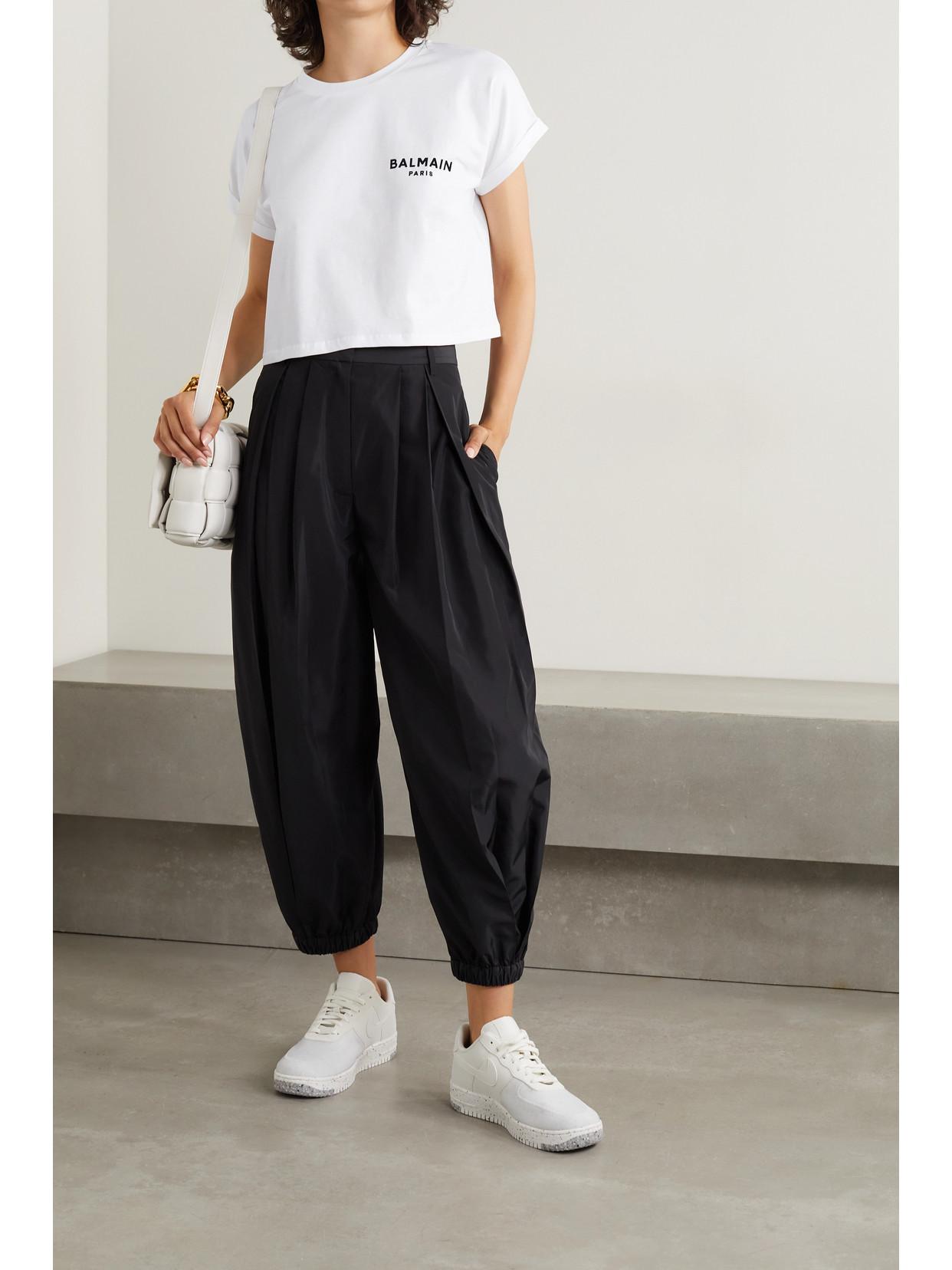 BALMAIN Cropped Flocked Cotton-jersey T-shirt In White Silver Product Image