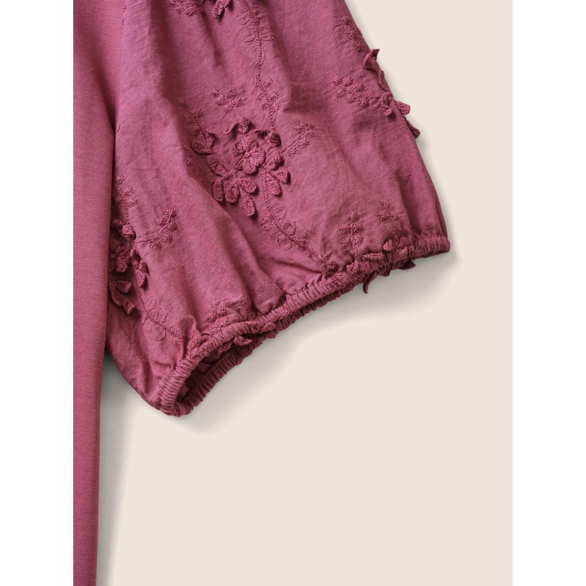 Plus Size Solid Stereo Flower Design Puff Sleeve T-shirt DustyPink Women Elegant Non Plain Round Neck Everyday T-shirts BloomChic 12/L Product Image