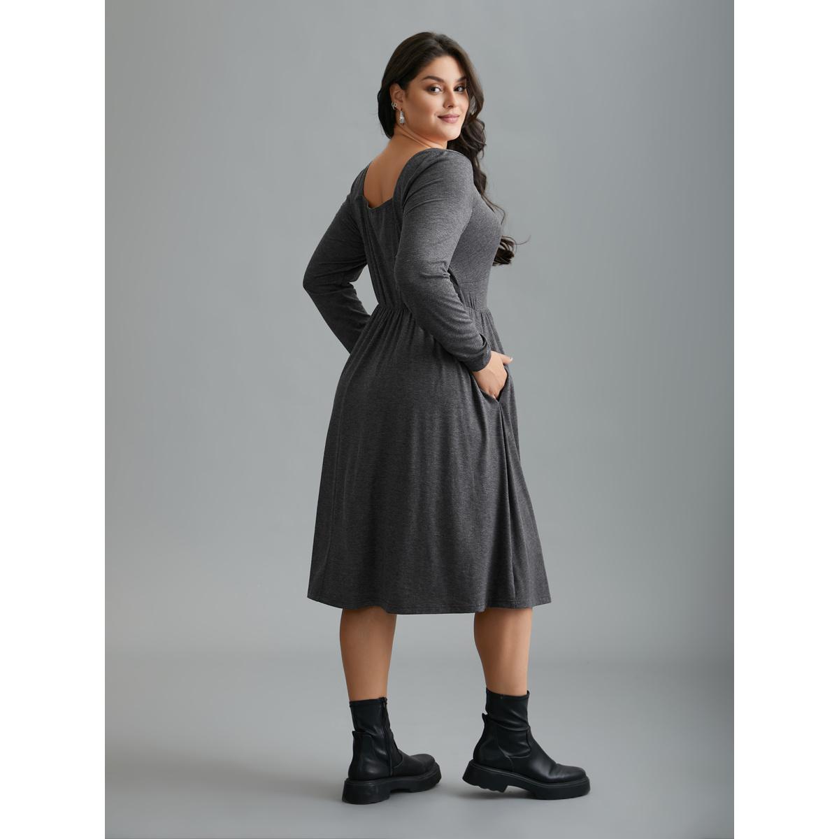 Plus Size Heart Neckline Knit Gathered Midi Dress DimGray Women Casual Gathered Knit Dresses Bloomchic 12/L Product Image