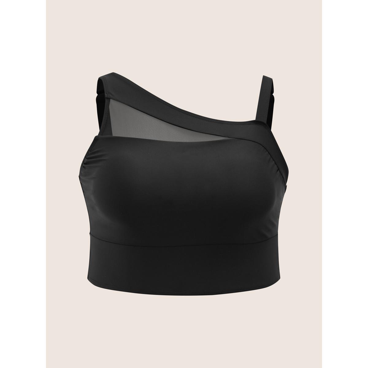 Plus Size Asymmetrical Neck Mesh Patchwork Swim Top Women's Swimwear Black Beach See through High stretch Skinny Asymmetrical Neck Curve Swim Tops BloomChic 30/6X Product Image
