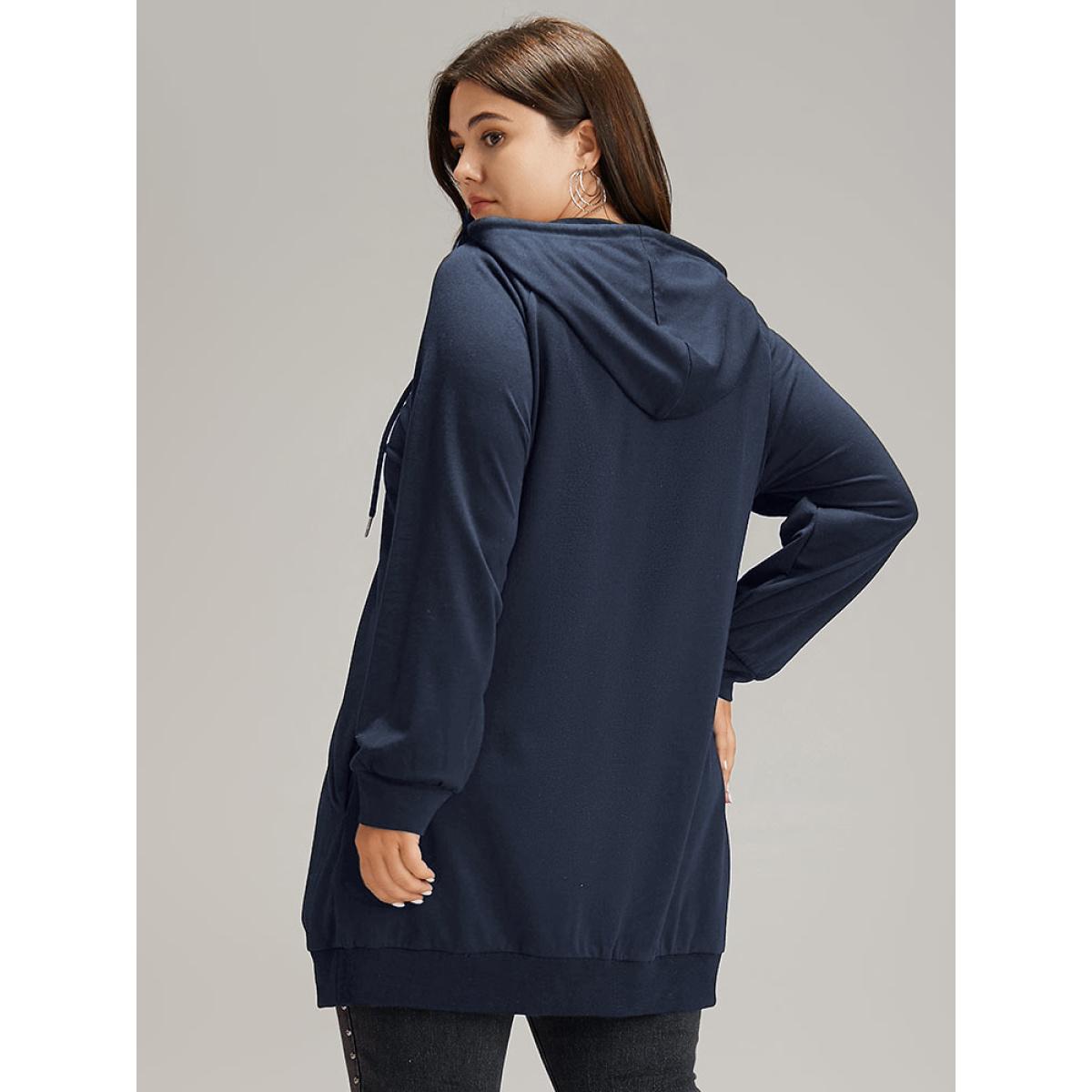 Plus Size Plain Zipper Hooded Drawstring Pocket Sweatshirt Women DarkGreen Casual Plain Hooded Dailywear Sweatshirts BloomChic 26/4X Product Image