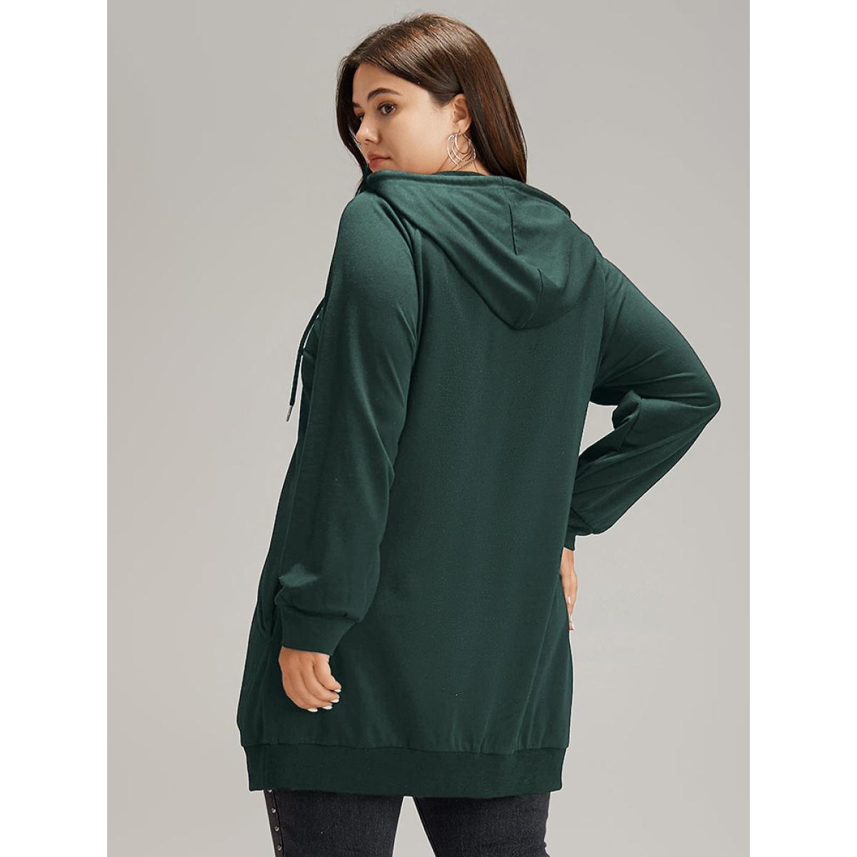Plus Size Plain Zipper Hooded Drawstring Pocket Sweatshirt Women DarkGreen Casual Plain Hooded Dailywear Sweatshirts BloomChic 26/4X Product Image