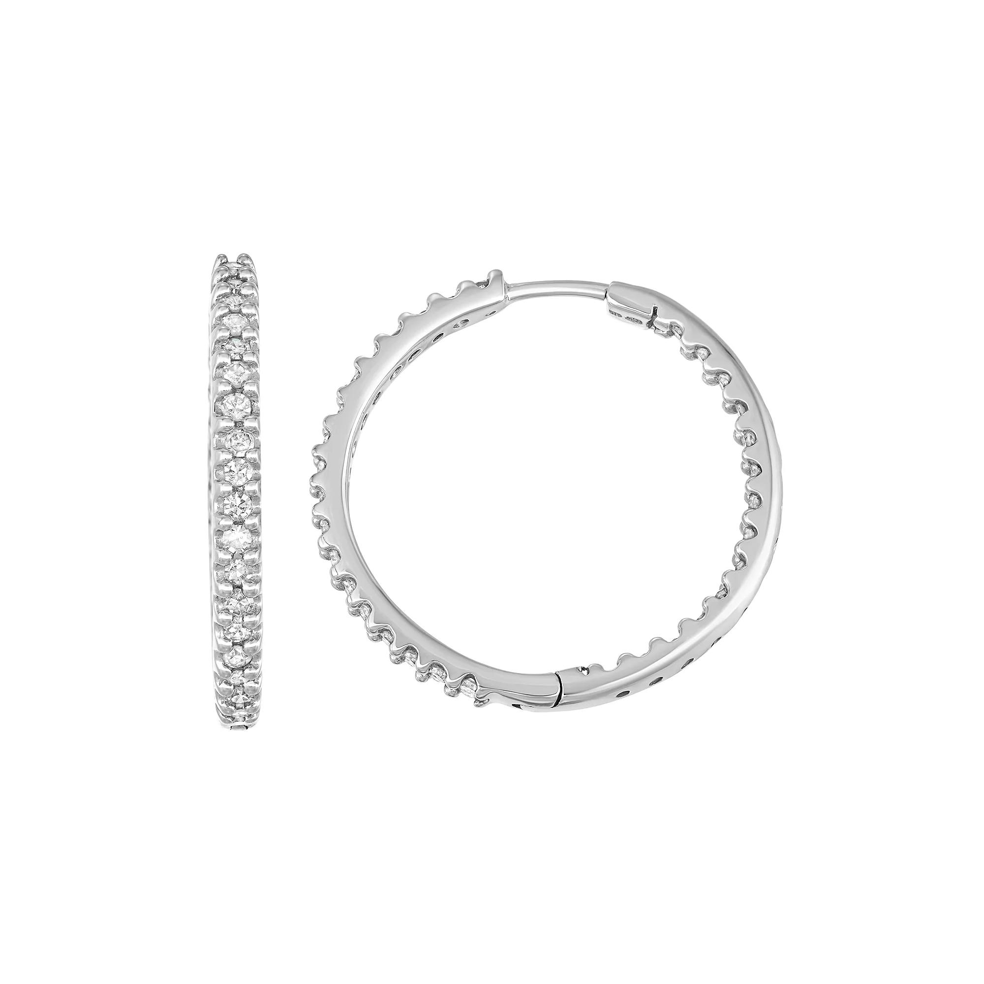 14k White Gold 1 Carat T.W. Diamond Inside-Out Hoop Earrings, Women's, 14k Gold Product Image