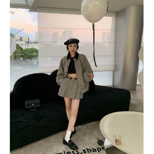 Gingham Contrast Collar Button-Up Shirt Jacket / High Waist Pleated Mini A-Line Skirt Product Image