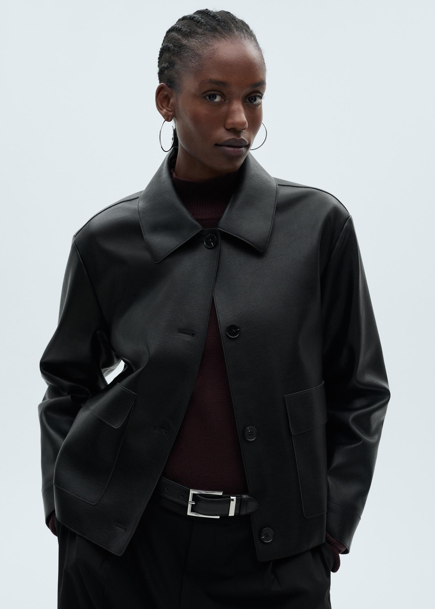 Leather-effect jacket with pockets - Women | MANGO USA Product Image