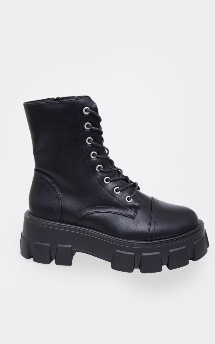 Black Lace Up Extreme Cleated Sole Combat Boots Product Image