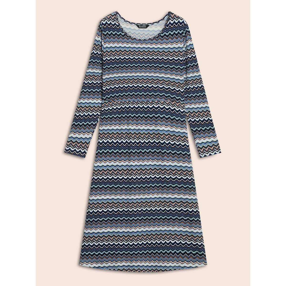 Plus Size Contrast Striped Crew Neck Midi Knit Dress Aegean Women Casual Contrast Knit Dresses Bloomchic 22-24/3X Product Image