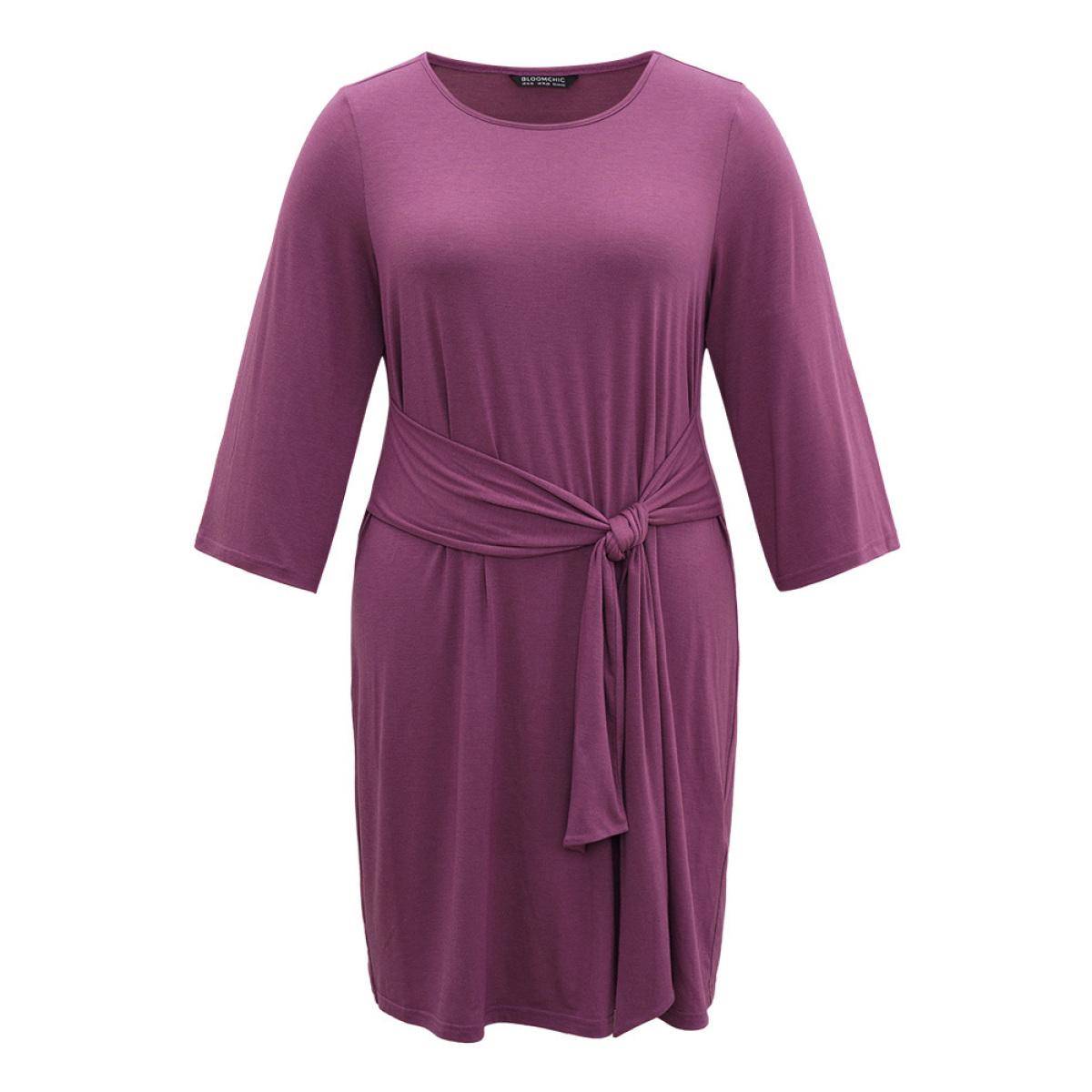 Plus Size Solid Ties Knot Round Neck Dress Mauve Women Basics Plain Round Neck Long Sleeve Curvy Midi Dress BloomChic 28/5X Product Image