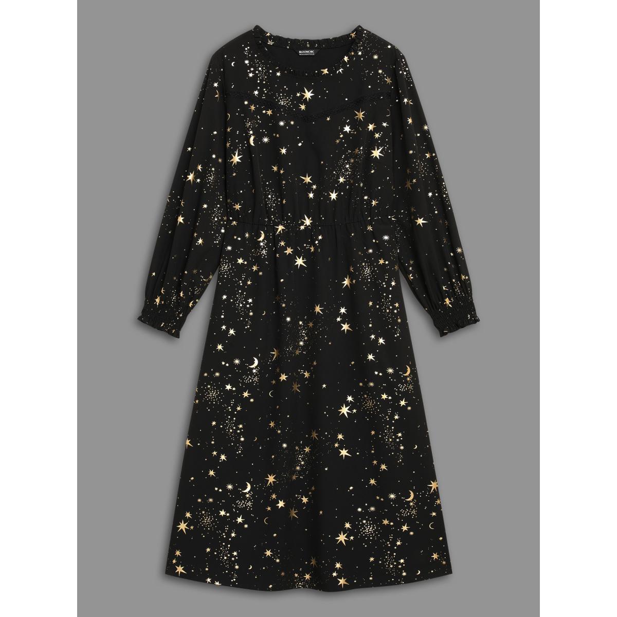 Plus Size Star Printed Lace Neckline Midi Dress Black Women Cocktail Frill Trim Party Curvy Bloomchic 10/M Product Image