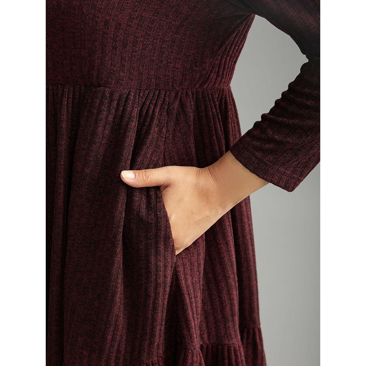 Plus Size Rib Knit Round Neck Ruffle Layered Hem Dress Raspberry Women Casual Texture Round Neck Long Sleeve Curvy Knee Dress BloomChic 10/M Product Image