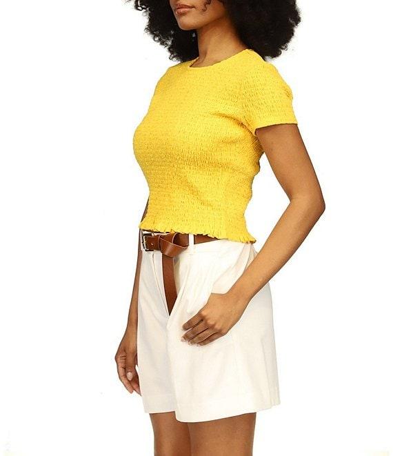 Michael Kors Smocked Crew Neckline Cap Sleeve Cropped Tee Shirt Product Image