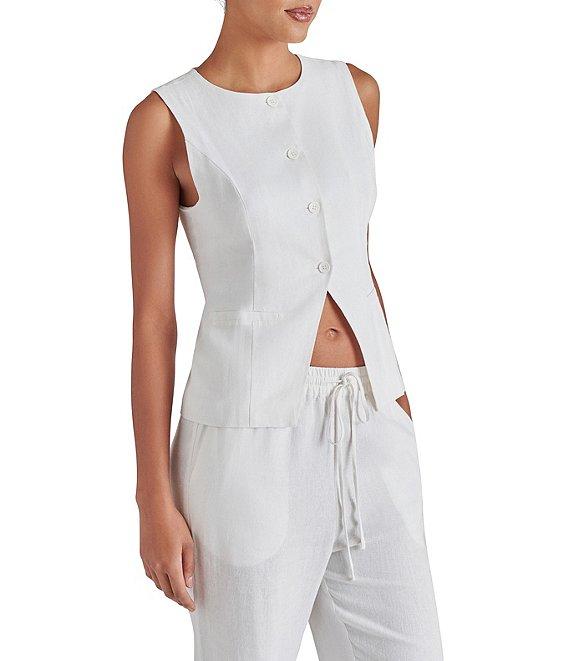 Steve Madden Wesley Round Neckline Sleeveless Button Front Linen Vest Top Product Image