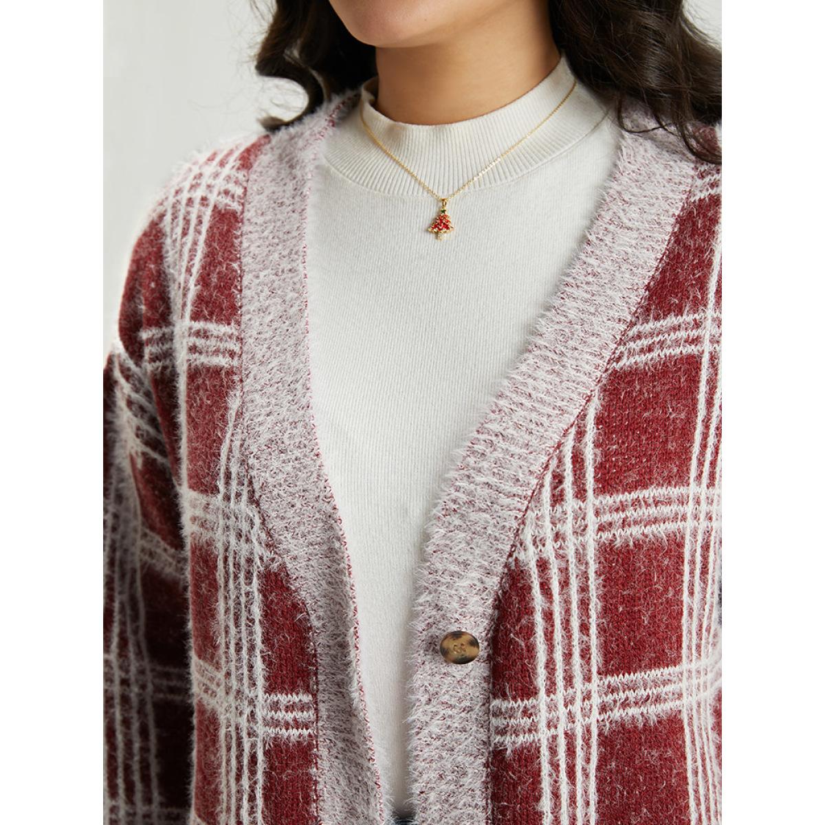 Plus Size Plaid Fuzzy Heather Button Fly Tunic Cardigan Burgundy Women Casual Loose Long Sleeve Festival-Christmas Cardigans BloomChic 22-24/3X Product Image