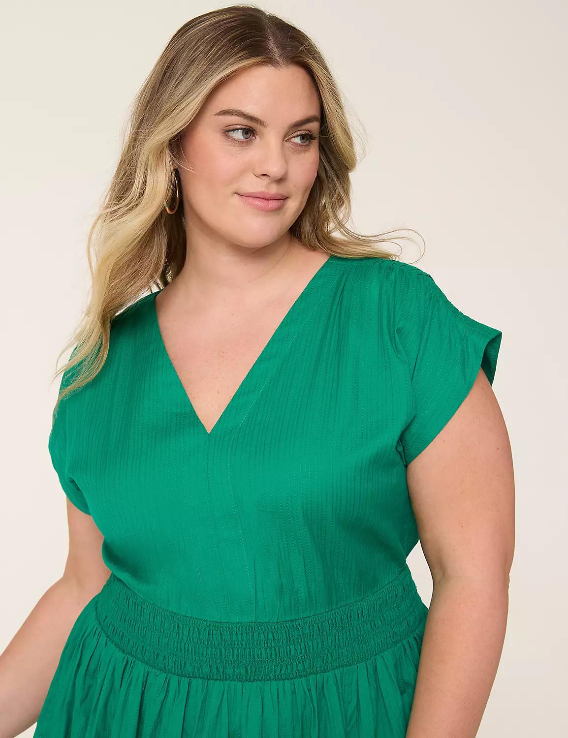 Shirred-Shoulder Smocked-Waist Midi Dress Product Image