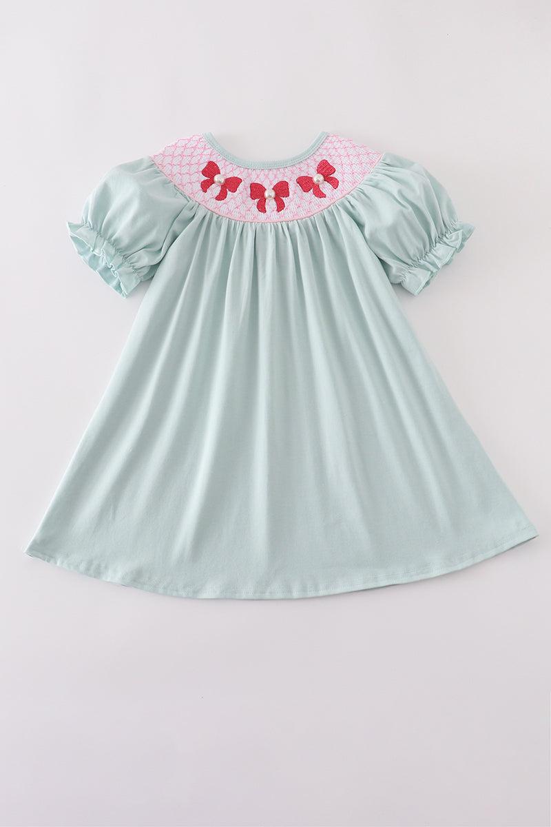 Blue bow pearl smocked dress Product Image