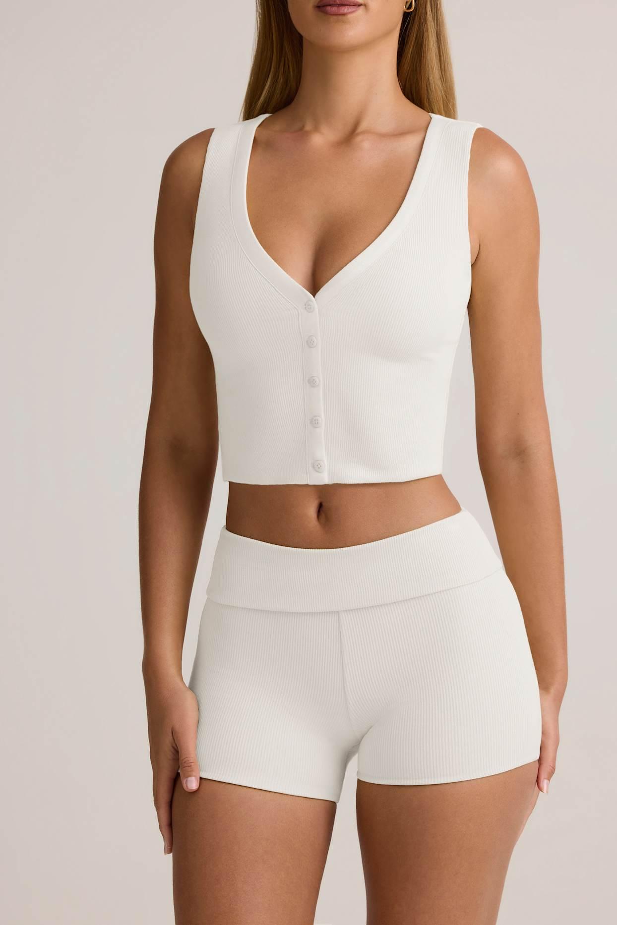 Modal Ribbed Button-Up Vest Top in White Product Image