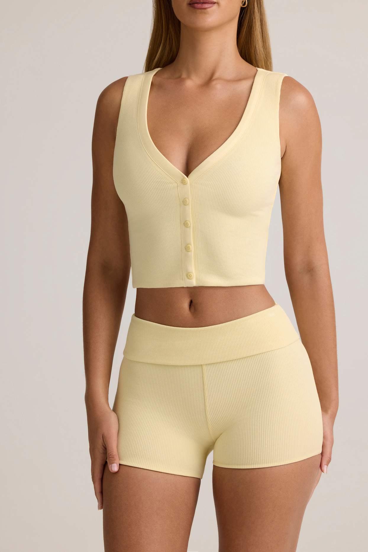 Modal Ribbed Mid-Rise Foldover Shorts in Buttercream Yellow Product Image