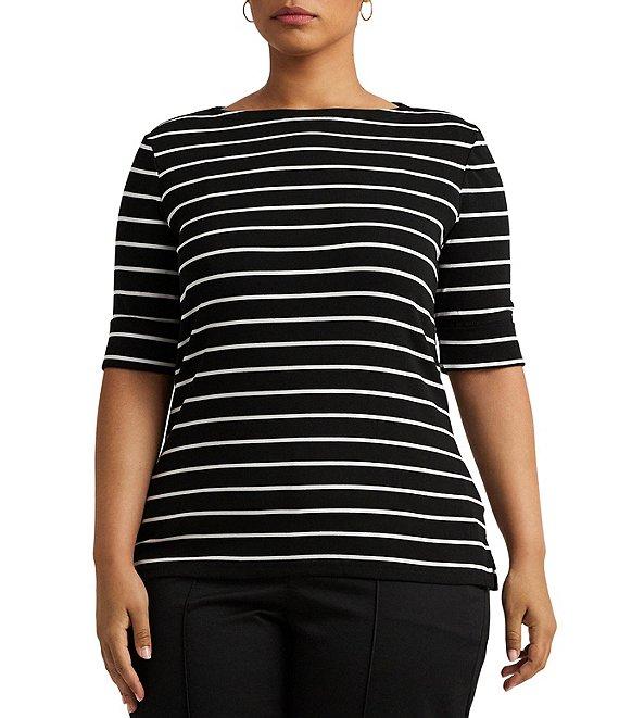 Lauren Ralph Lauren Plus Size Stripe Boat Neck Short Sleeve T-Shirt Product Image
