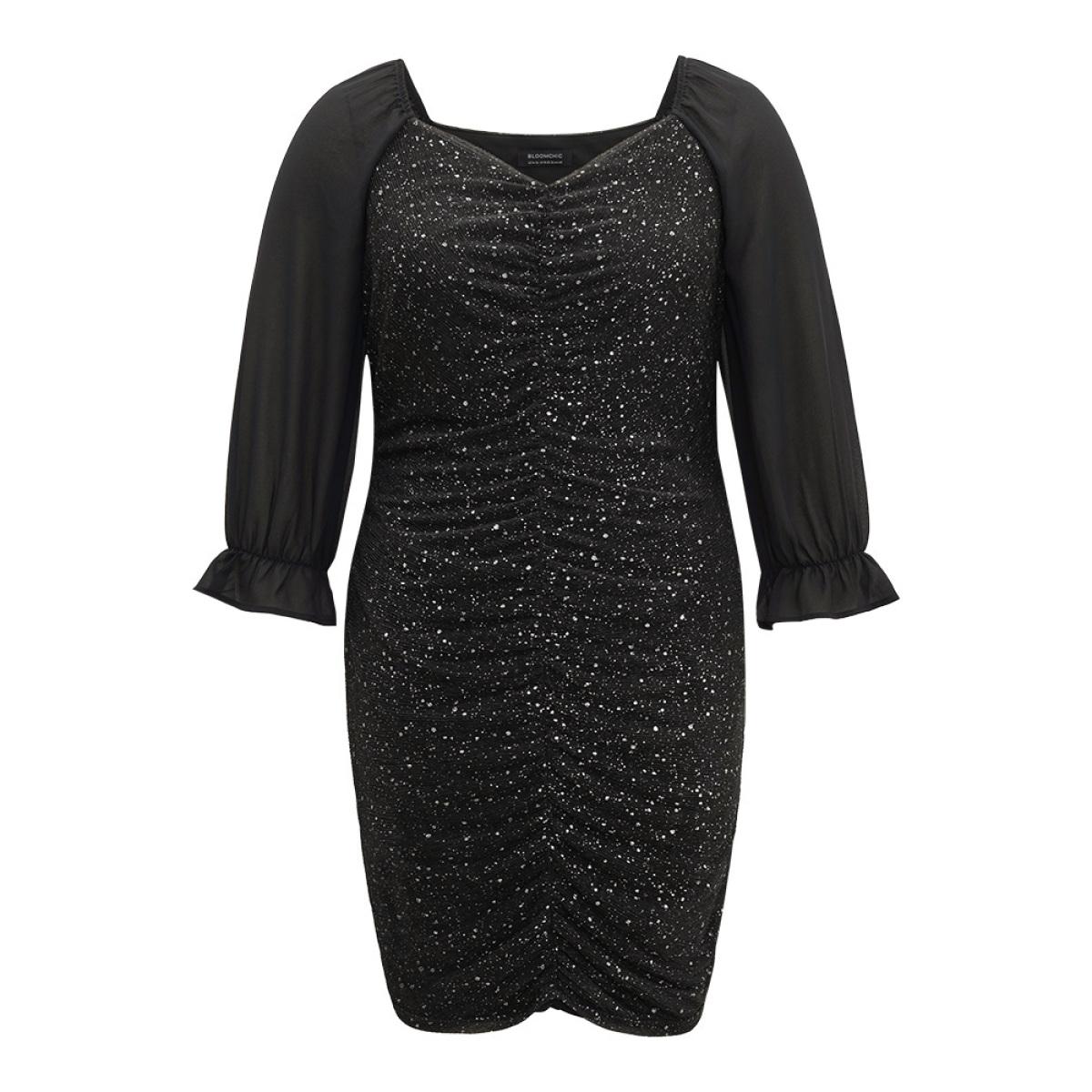 Plus Size Glitte Chiffon Square Neck Ruched Dress Black Women Party Gathered Square Neck Long Sleeve Curvy Knee Dress BloomChic 30/6X Product Image