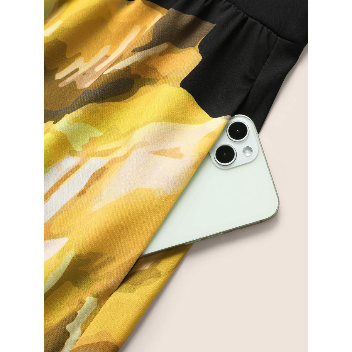 Plus Size Carnation Print Ruffle Cap Sleeve Maxi Dress Black Women Elegant Shirred Heart neckline Cap Sleeve Curvy BloomChic 30/6X Product Image