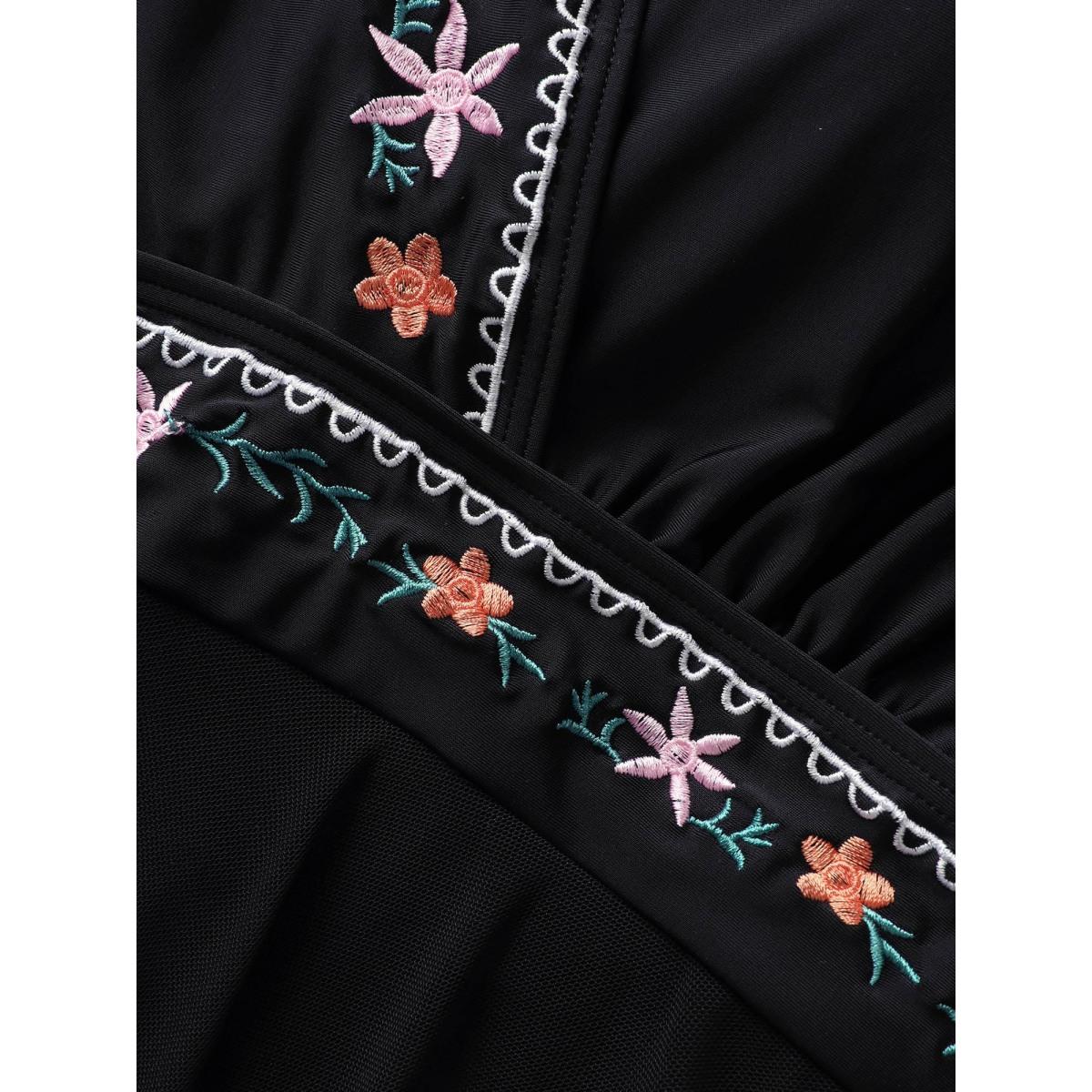 Plus Size Floral Embroidered Overlap Collar Swim Dress Women's Swimwear Black Beach Bodycon Overlap Collar High stretch Curve Swim Dresses BloomChic 14-16/1X Product Image