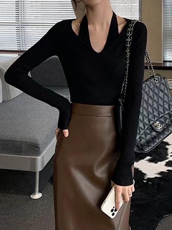 Solid V Neck Halter Long Sleeve Knit Product Image