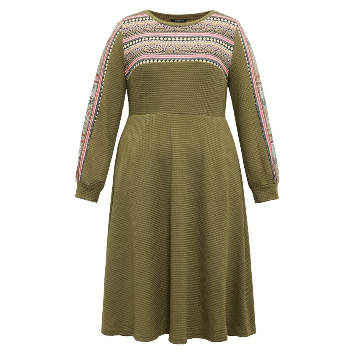 Plus Size Boho Print Striped Patchwork Waffle Knit Dress ArmyGreen Women Casual Waffle Knit Round Neck Long Sleeve Curvy Midi Dress BloomChic 26/4X Product Image